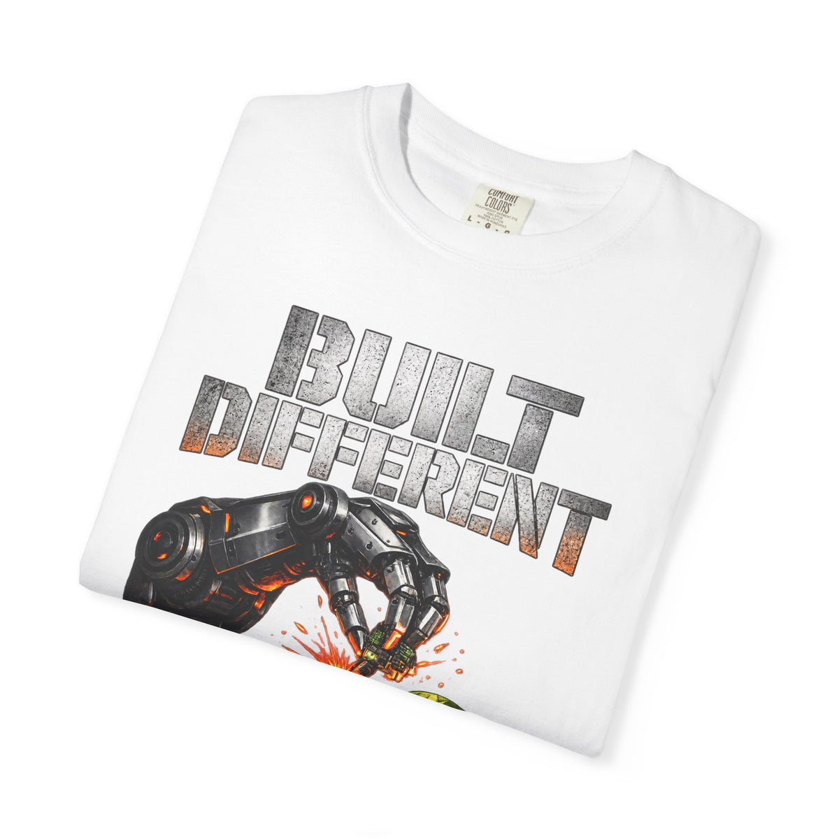 Built Different T-Shirt — Futuristic Robotic Hand & Orange Graphic Tee
