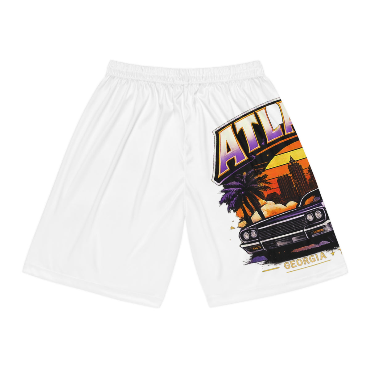 Atlanta Retro Sunset Basketball Shorts — Vintage Cityscape Car Design