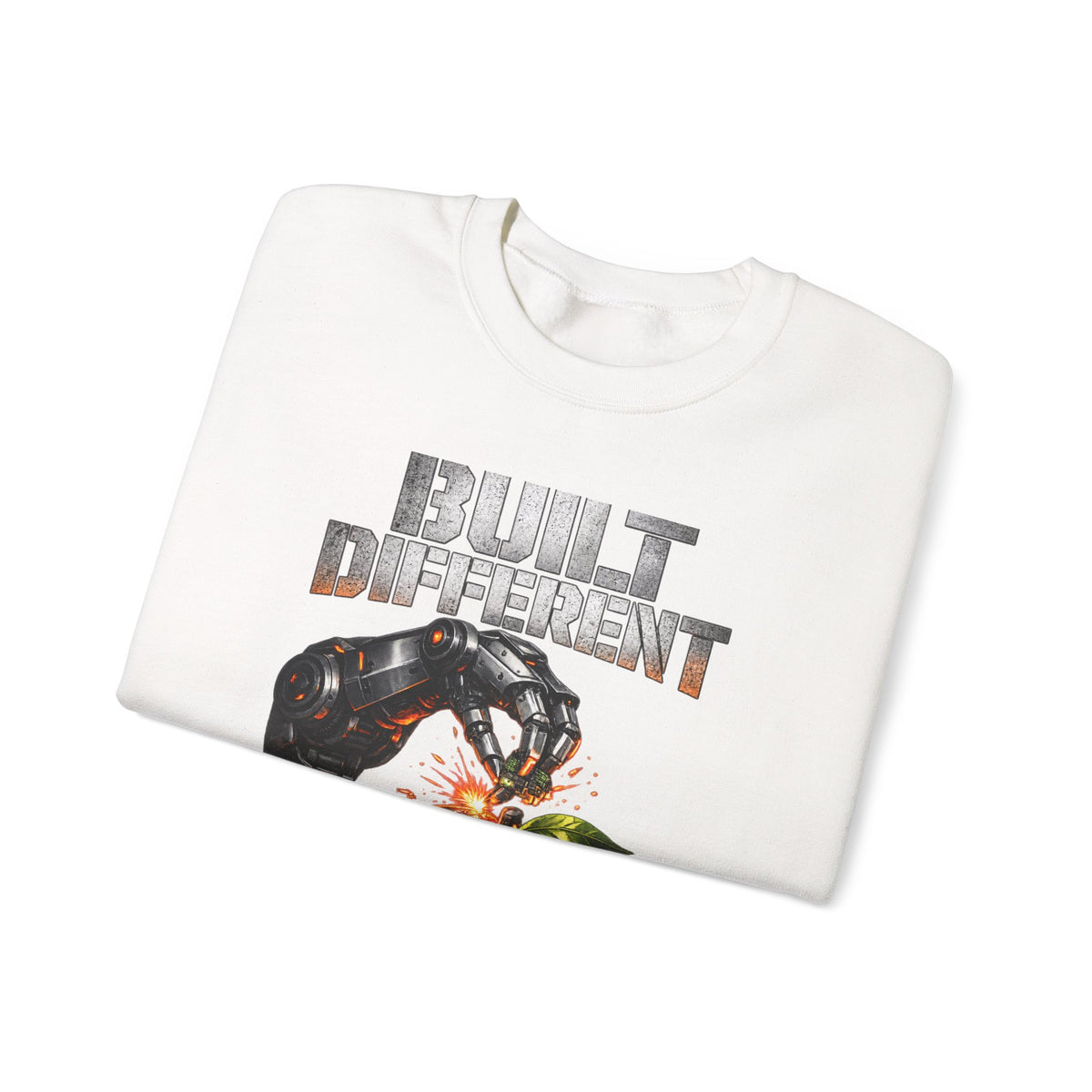 Built Different Crewneck Sweatshirt — Futuristic Hand & Glowing Orange Graphic