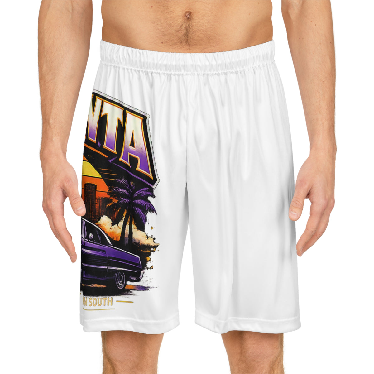 Atlanta Retro Sunset Basketball Shorts — Vintage Cityscape Car Design