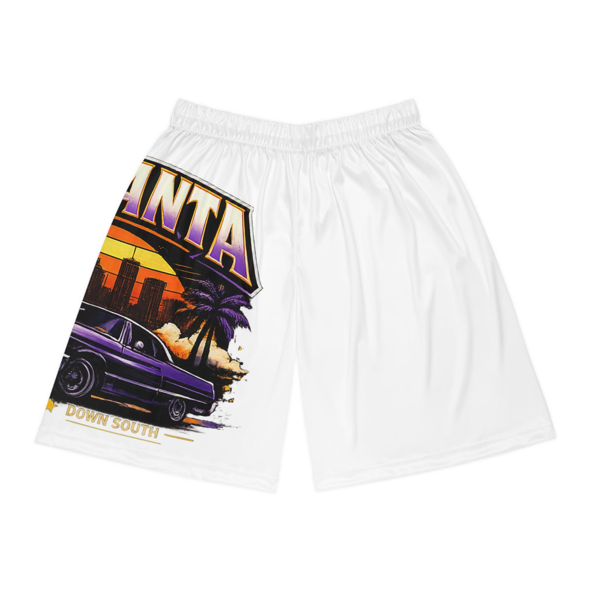 Atlanta Retro Sunset Basketball Shorts — Vintage Cityscape Car Design