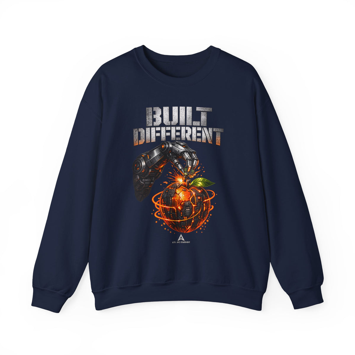 Built Different Crewneck Sweatshirt — Futuristic Hand & Glowing Orange Graphic