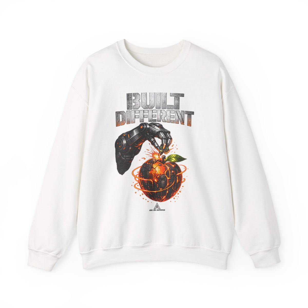 Built Different Crewneck Sweatshirt — Futuristic Hand & Glowing Orange Graphic