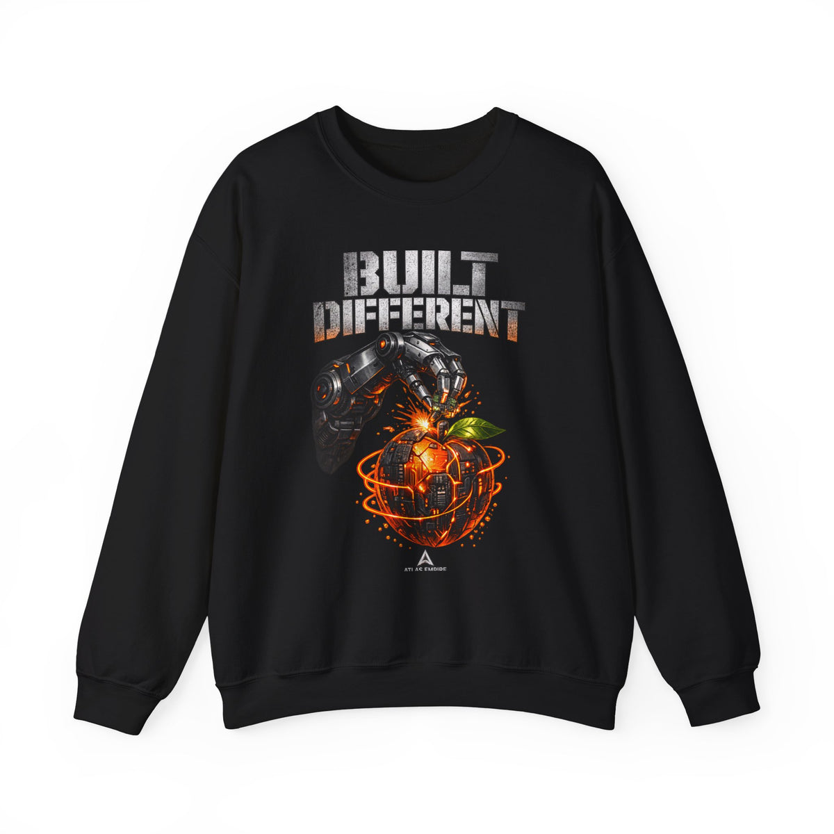 Built Different Crewneck Sweatshirt — Futuristic Hand & Glowing Orange Graphic