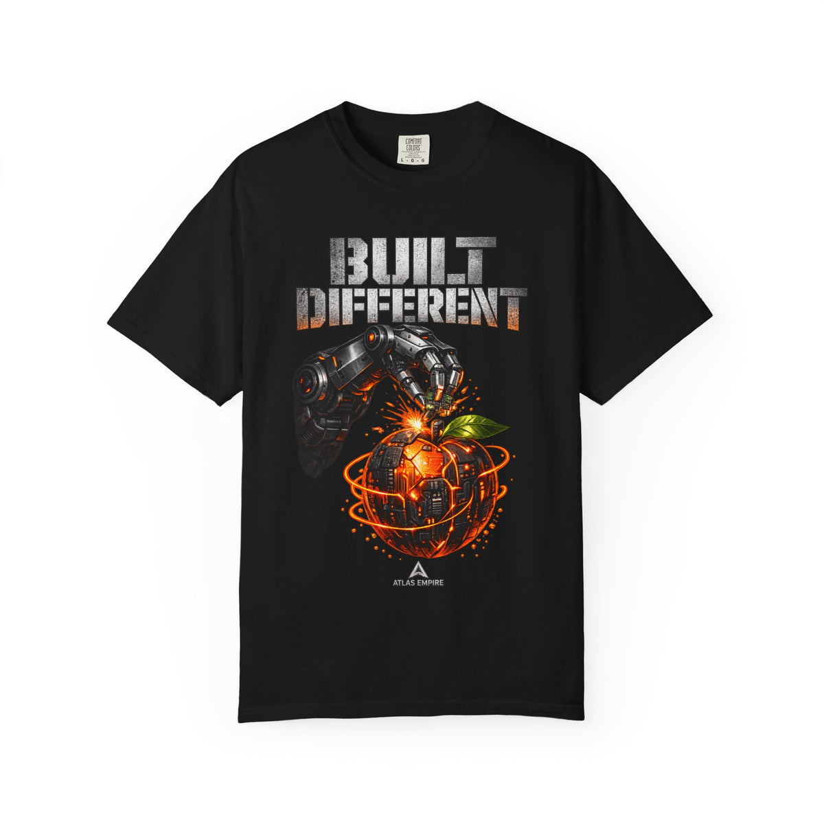Built Different T-Shirt — Futuristic Robotic Hand & Orange Graphic Tee