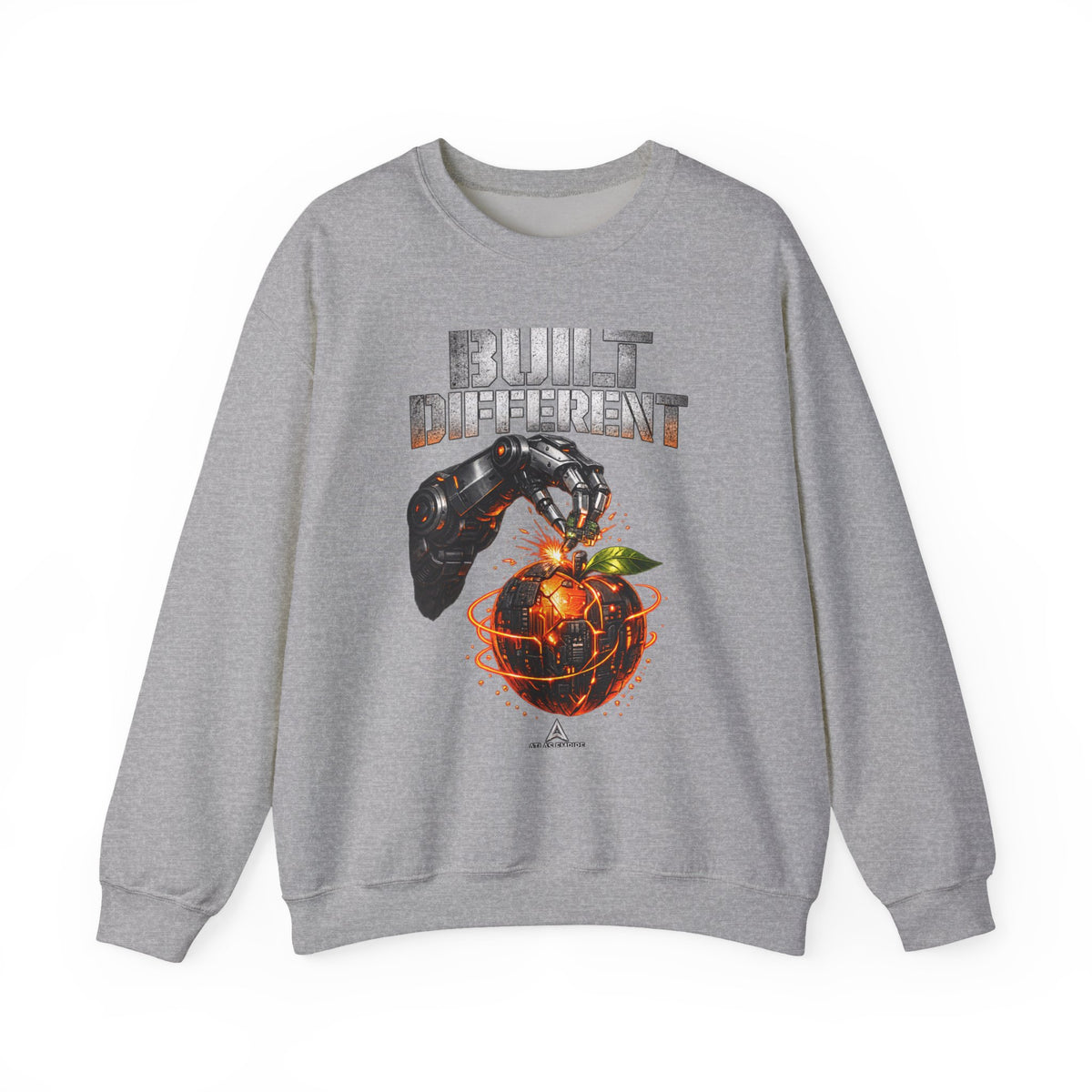 Built Different Crewneck Sweatshirt — Futuristic Hand & Glowing Orange Graphic