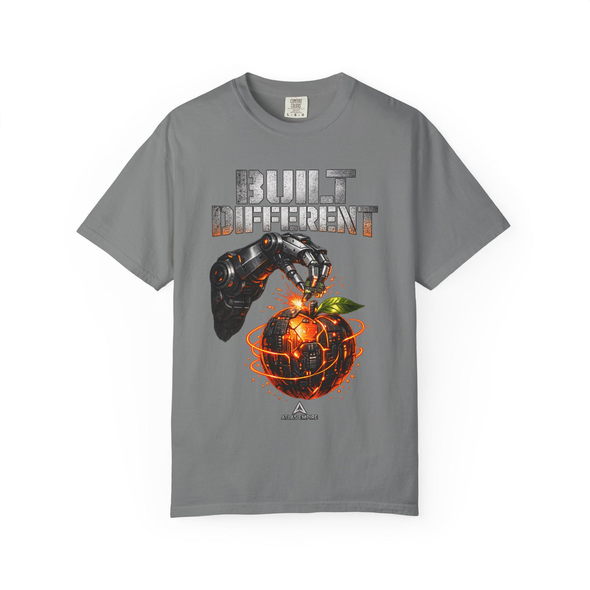 Built Different T-Shirt — Futuristic Robotic Hand & Orange Graphic Tee