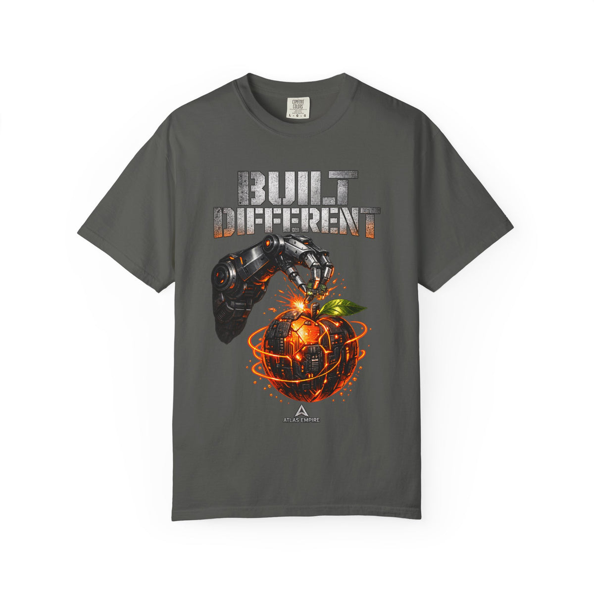 Built Different T-Shirt — Futuristic Robotic Hand & Orange Graphic Tee