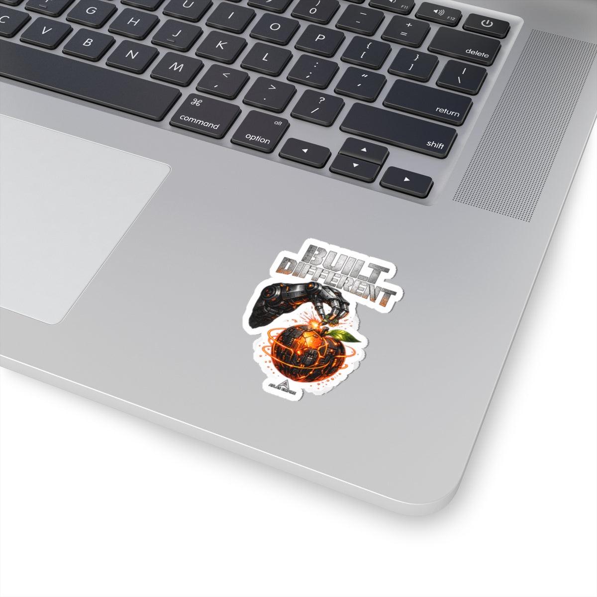 Built Different Robot Arm Orange Sticker — Kiss-Cut Laptop Decal