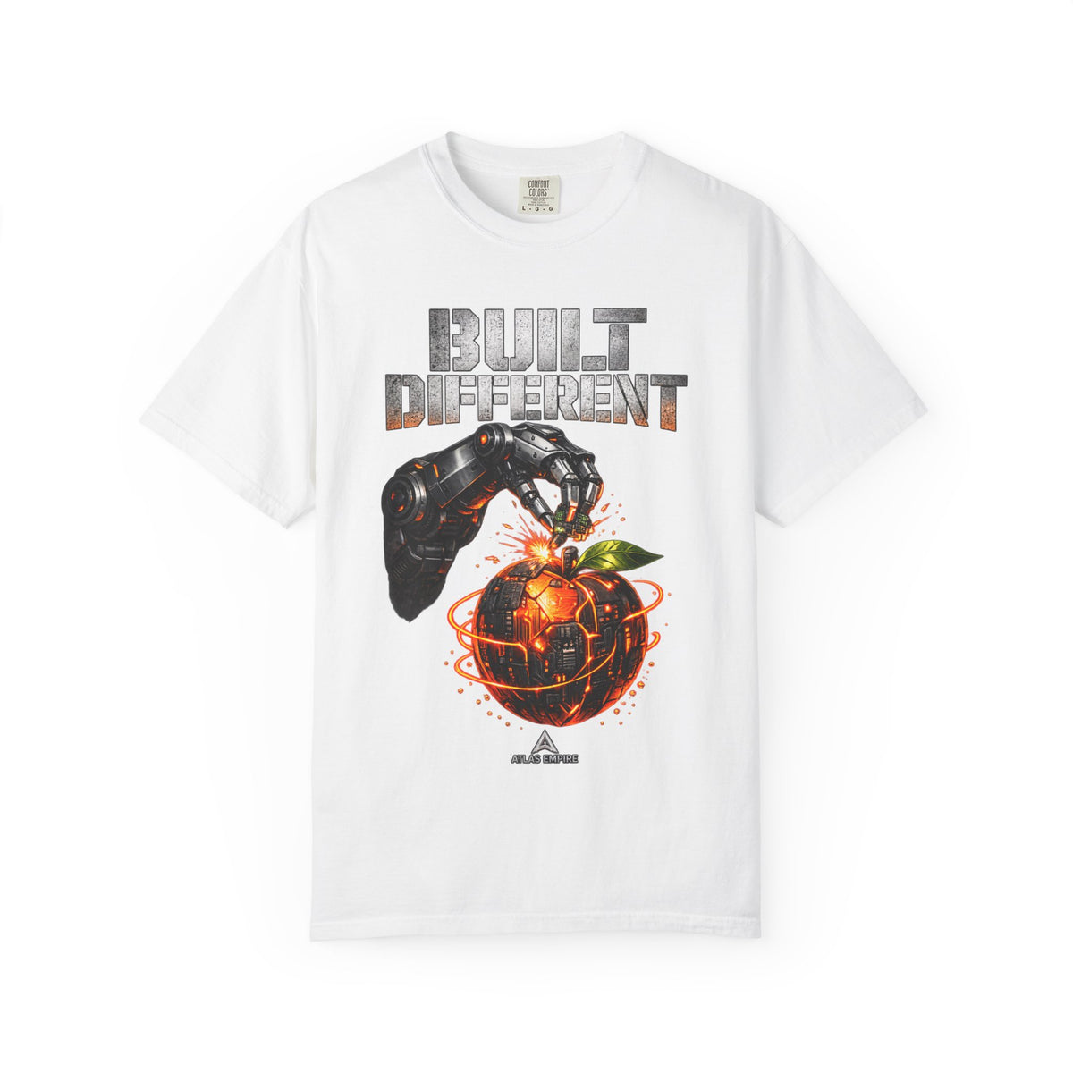 Built Different T-Shirt — Futuristic Robotic Hand & Orange Graphic Tee