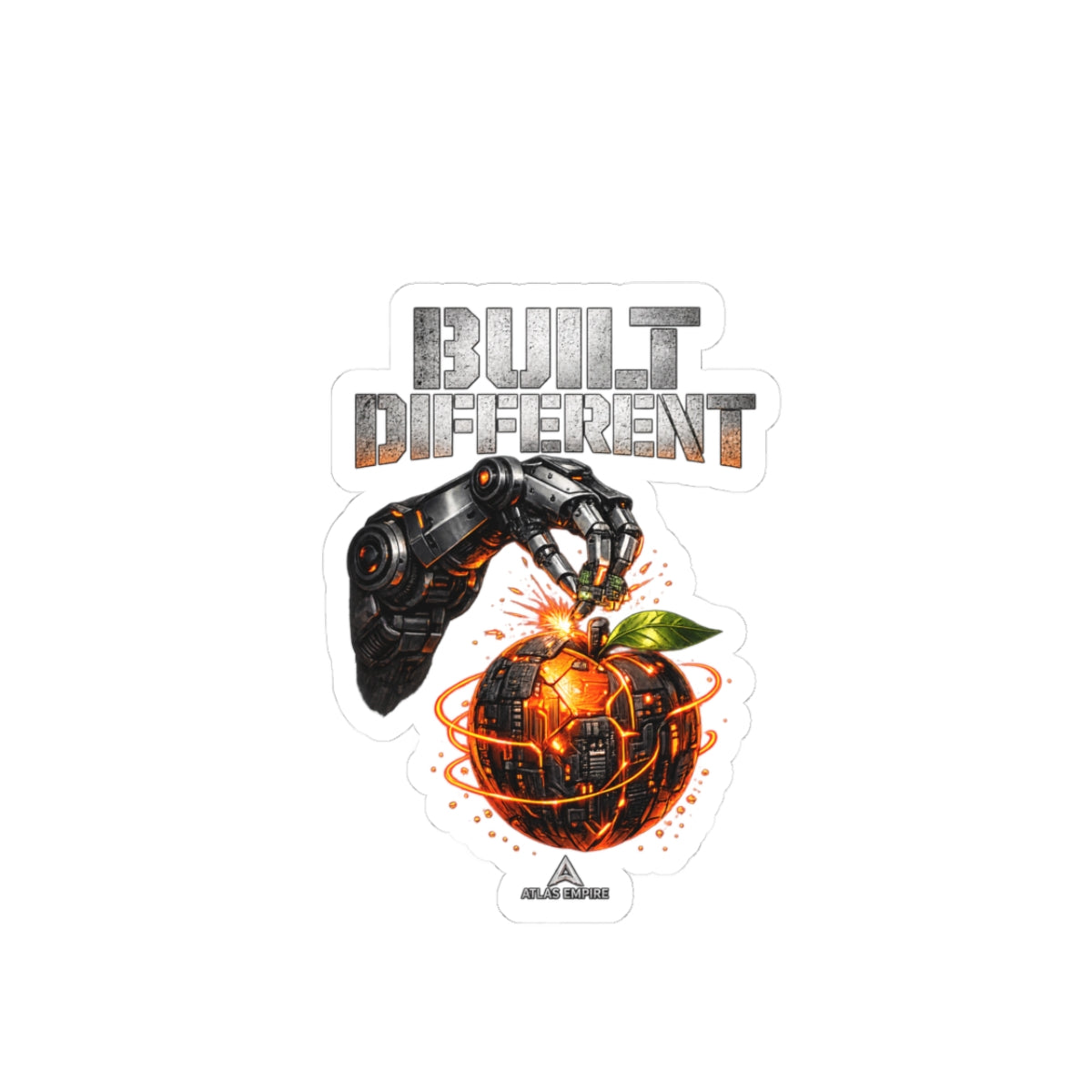 Built Different Robot Arm Orange Sticker — Kiss-Cut Laptop Decal