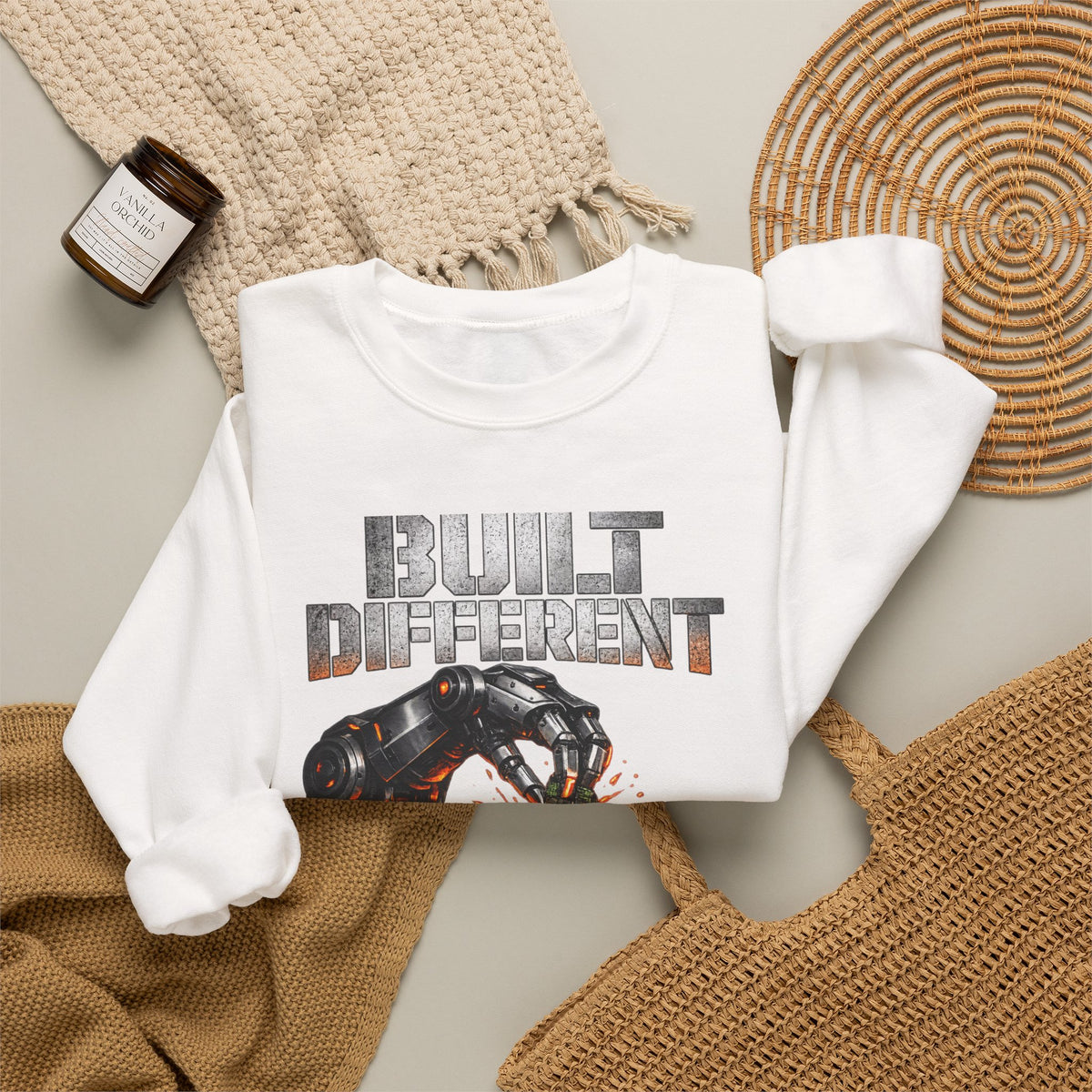 Built Different Crewneck Sweatshirt — Futuristic Hand & Glowing Orange Graphic