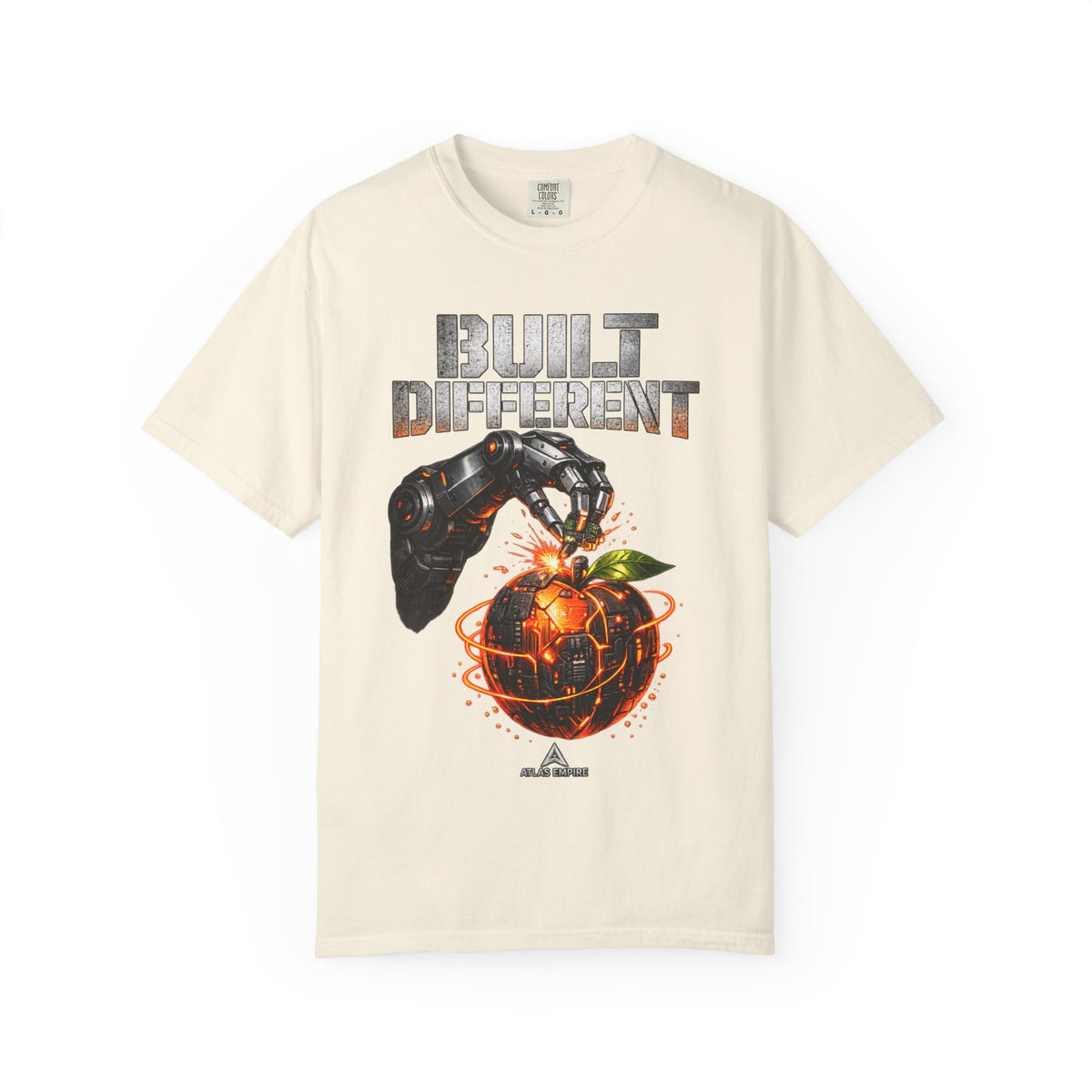 Built Different T-Shirt — Futuristic Robotic Hand & Orange Graphic Tee