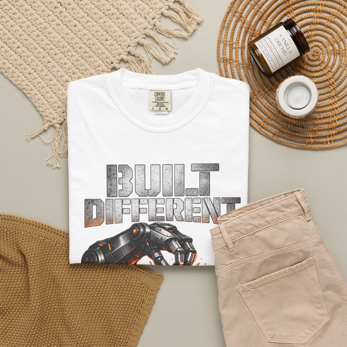 Built Different T-Shirt — Futuristic Robotic Hand & Orange Graphic Tee