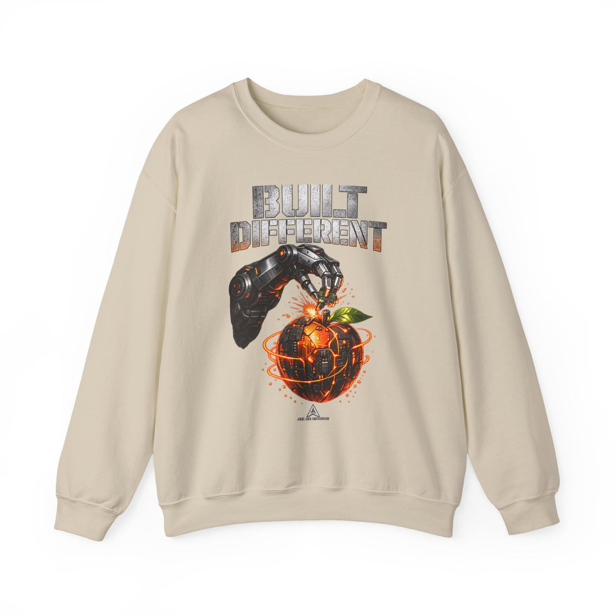 Built Different Crewneck Sweatshirt — Futuristic Hand & Glowing Orange Graphic