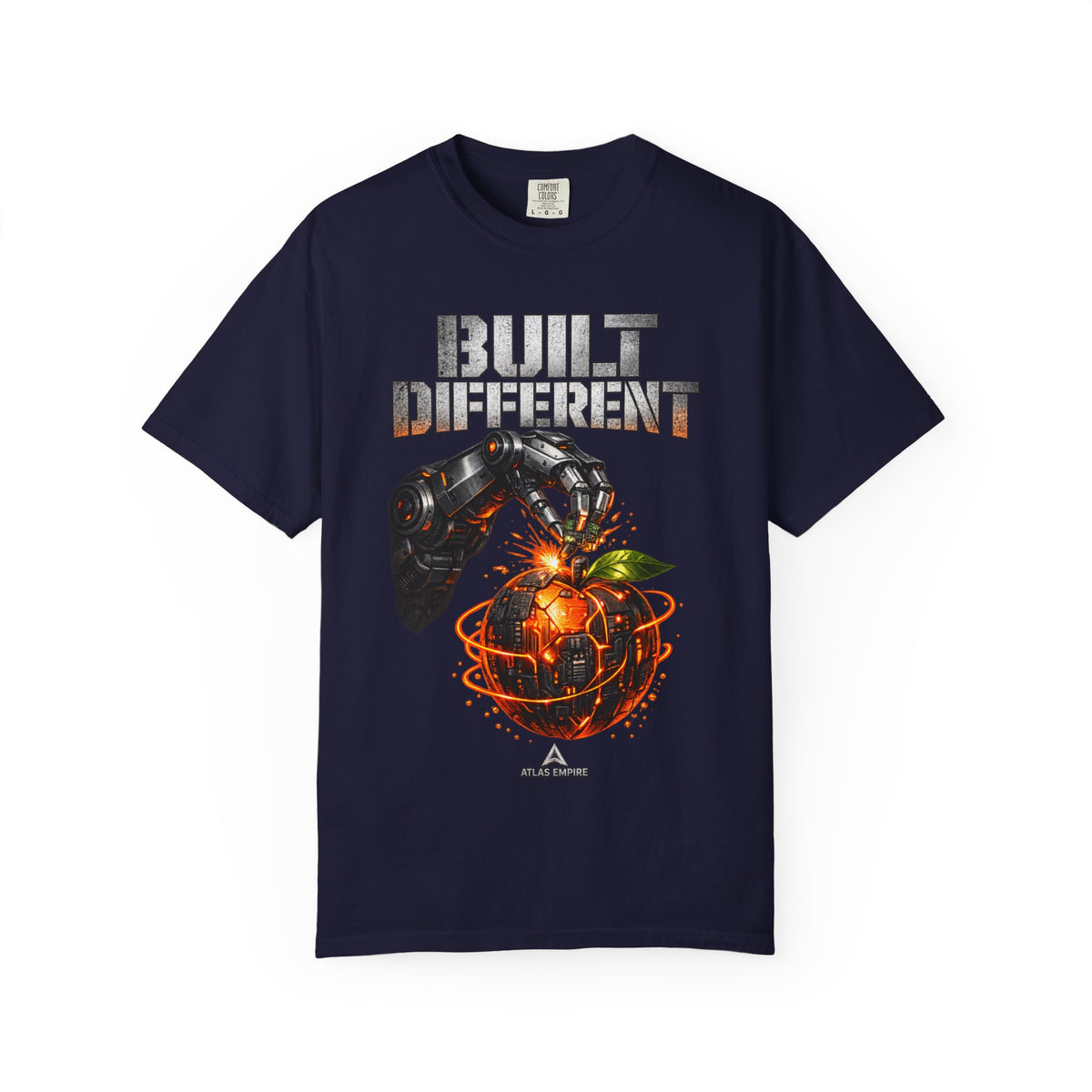 Built Different T-Shirt — Futuristic Robotic Hand & Orange Graphic Tee