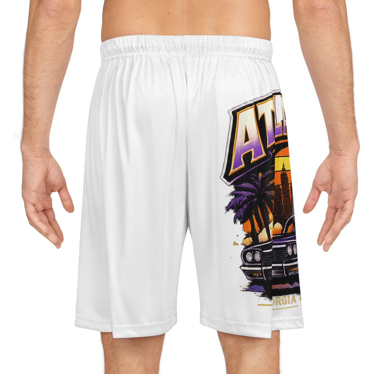 Atlanta Retro Sunset Basketball Shorts — Vintage Cityscape Car Design